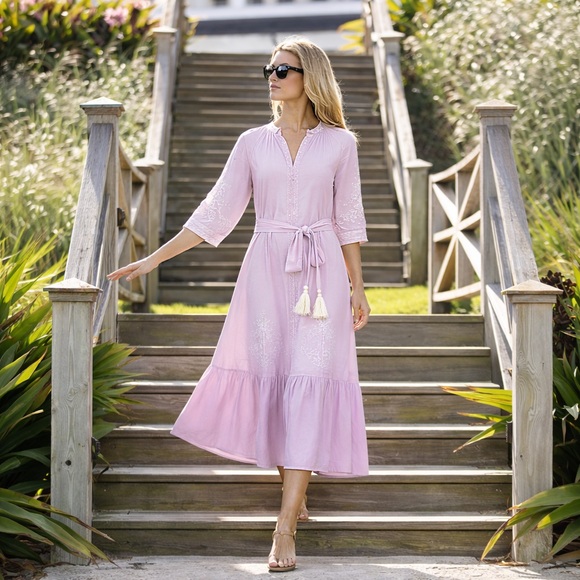 Julia Amory Dresses & Skirts - Julia Amory Palm Beach Gin Dress Belted Cotton Pink Lavender Embroidered Size M
